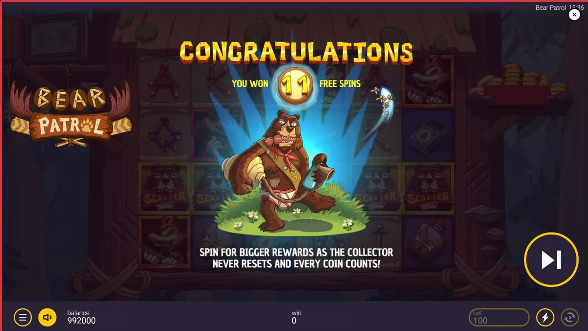 Tampilan visual slot Bear Patrol dengan tema hutan dan karakter hewan penjaga